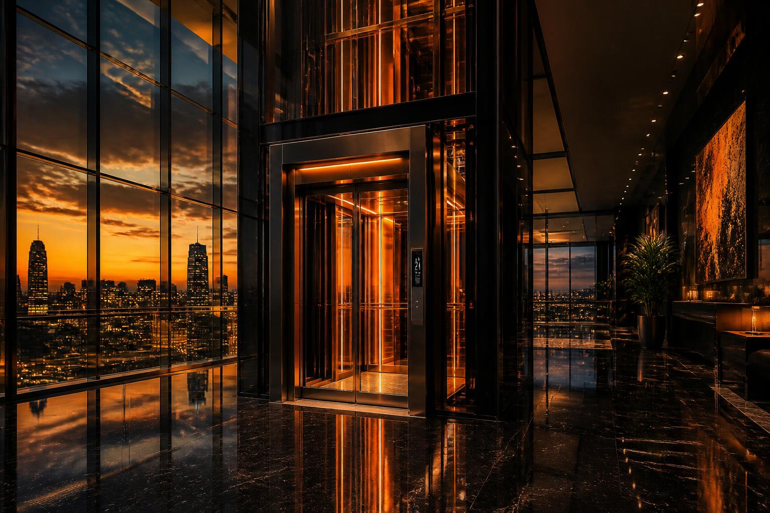 Elevador panorâmico premium em torre moderna